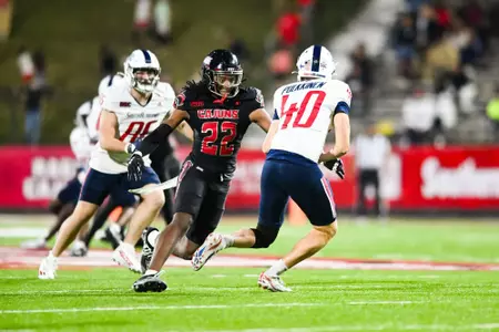 Jaden Dugger tackle a punter November 16, 2024 Louisiana vs South Alabama Football in Lafayette, LA at Cajun Field. Final score Louisiana 22 South Alabama 24. Photo by Benjamin R. Massey/Ragin’ Cajun Athletics