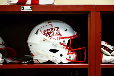 White Helmet in the locker room October 29, 2924 Louisiana vs Texas State Football in San Marcos, Texas at UFCU Stadium. Final score Louisiana 23 TXST 17. Photo by Benjamin R. Massey/Ragin’ Cajun Athletics