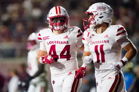 Jake St. Andre and Dalen Cambre October 29, 2924 Louisiana vs Texas State Football in San Marcos, Texas at UFCU Stadium. Final score Louisiana 23 TXST 17. Photo by Benjamin R. Massey/Ragin’ Cajun Athletics