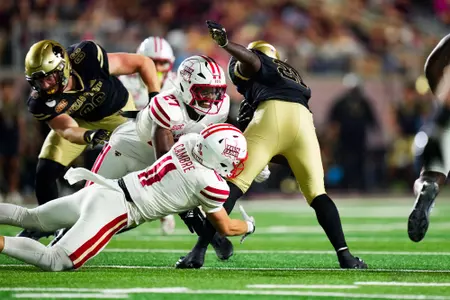 Dalen Cambre and Key’Savalyn Barnes tackle October 29, 2924 Louisiana vs Texas State Football in San Marcos, Texas at UFCU Stadium. Final score Louisiana 23 TXST 17. Photo by Benjamin R. Massey/Ragin’ Cajun Athletics