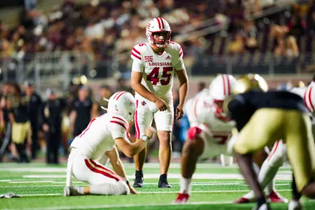 Kenneth Almendares kicks a field goal October 29, 2924 Louisiana vs Texas State Football in San Marcos, Texas at UFCU Stadium. Final score Louisiana 23 TXST 17. Photo by Benjamin R. Massey/Ragin’ Cajun Athletics