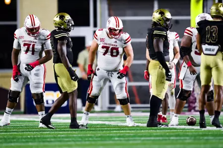 Jax Harrington and George Jackson pre snap October 29, 2924 Louisiana vs Texas State Football in San Marcos, Texas at UFCU Stadium. Final score Louisiana 23 TXST 17. Photo by Benjamin R. Massey/Ragin’ Cajun Athletics