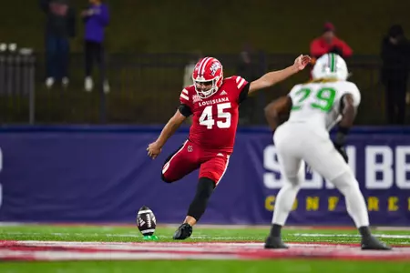 Kenneth Almendares kickoff December 7, 2024 Louisiana vs Marshall Football in Lafayette, LA at Cajun Field for the 2024 Sun Belt Conference Championship Game. Final score Louisiana 3 Marshall 31. Photo by Benjamin R. Massey/Ragin’ Cajuns Athletics