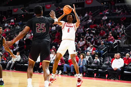 Joe Charles shoots January 28, 2024 Louisiana vs Texas State Men's Basketball in Lafayette, LA at the Cajundome. Final score Louisiana 66 Texas State 46. Photo by Benjamin R. Massey/Ragin Cajun Athletics