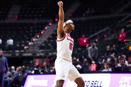 Themus Fulks celebrates a three January 28, 2024 Louisiana vs Texas State Men's Basketball in Lafayette, LA at the Cajundome. Final score Louisiana 66 Texas State 46. Photo by Benjamin R. Massey/Ragin Cajun Athletics