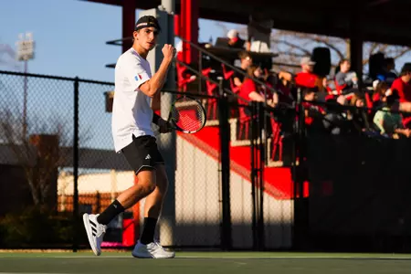 Sacha Grandvincent celebrates February 2, 2024 Louisiana vs. Texas A&M Corpus Christie Men’s Tennis at Cajun Courts in Lafayette, LA. Final score Louisiana 4 Texas A&M CC 0. Photo by Benjamin R. Massey/Ragin Cajun Athletics