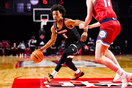 London Fields dribbles February 3, 2024 Louisiana vs South Alabama Men's Basketball in Lafayette, LA at the Cajundome. Final score Louisiana 80 South Alabama 60. Photo by Benjamin R. Massey/Ragin Cajun Athletics