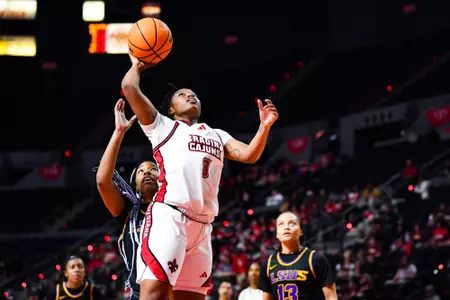 Nubia Benedith lay up December 19, 2023 Louisiana vs LSU-Shreveport Women's Basketball for the Education Game in Lafayette, LA at the Cajundome. Final score Louisiana 64 LSU-S 46. Photo by Benjamin R. Massey/Ragin Cajun Athletics