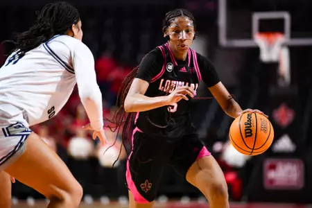 Tamera Johnson dribbles February 15, 2024 Louisiana vs Georgia Southern Women's Basketball in Lafayette, LA at the Cajundome. Final score Louisiana 62 Georgia Southern 57. Photo by PHOTOGRAPHER/Ragin Cajun Athletics
