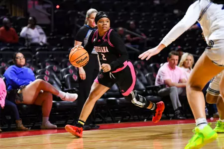 Brandi Williams dribbles February 15, 2024 Louisiana vs Georgia Southern Women's Basketball in Lafayette, LA at the Cajundome. Final score Louisiana 62 Georgia Southern 57. Photo by Benjamin R. Massey/Ragin Cajun Athletics