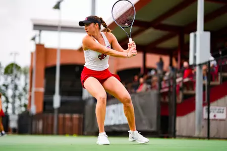 Carla Urchoeguia doubles February 1, 2024 Louisiana vs. Southern University Women’s Tennis at Cajun Courts in Lafayette, LA. Final score Louisiana 4 Southern 0. Photo by Benjamin R. Massey/Ragin Cajun Athletics