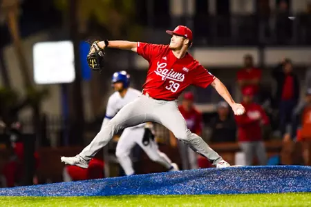 Andrew Herrmann pitching February 19, 2024 Louisiana @ McNeese Baseball at Joe Miller Ballpark. Final Score Louisiana 11 McNeese 3. Photo by Benjamin R. Massey/Ragin Cajun Athletics
