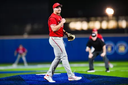 Matthew Holzhammer celebrates a strikeout February 19, 2024 Louisiana @ McNeese Baseball at Joe Miller Ballpark. Final Score Louisiana 11 McNeese 3. Photo by Benjamin R. Massey/Ragin Cajun Athletics