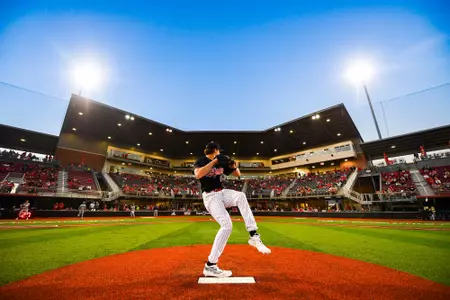 Jack Martinez pitching February 26, 2024 Louisiana vs Rice Game 1 Baseball in Russo Park at M.L. "Tigue" Moore Field. Final Score Louisiana 1 Rice 2. Photo by Benjamin R. Massey/Ragin Cajun Athletics