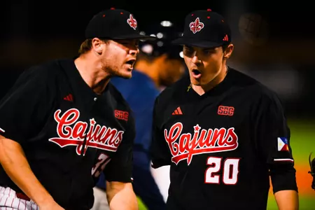 Steven Cash celebrates strikeout February 26, 2024 Louisiana vs Rice Game 1 Baseball in Russo Park at M.L. "Tigue" Moore Field. Final Score Louisiana 1 Rice 2. Photo by Benjamin R. Massey/Ragin Cajun Athletics