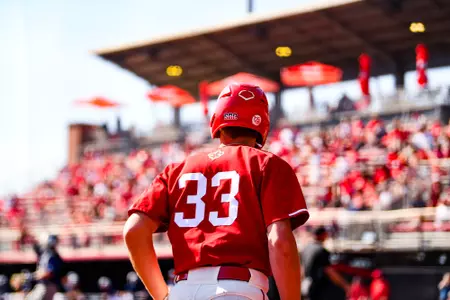 Conor Higgs on deck February 25, 2024 Louisiana vs Rice Game 3 Baseball in Russo Park at M.L. "Tigue" Moore Field. Final Score Louisiana 3 Rice 0. Photo by Benjamin R. Massey/Ragin Cajun Athletics