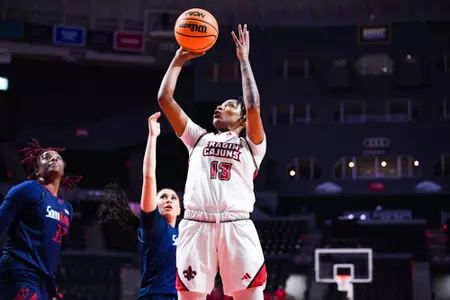 Tamiah Robinson lay up February 27, 2024 Louisiana vs South Alabama Women's Basketball in Lafayette, LA at the Cajundome. Final score Louisiana 43 South Alabama 46. Photo by Benjamin R. Massey/Ragin Cajun Athletics