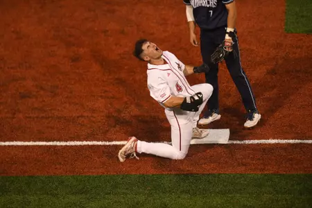 Josh Alexander celebrates his RBI triple in the fifth inning against ODU