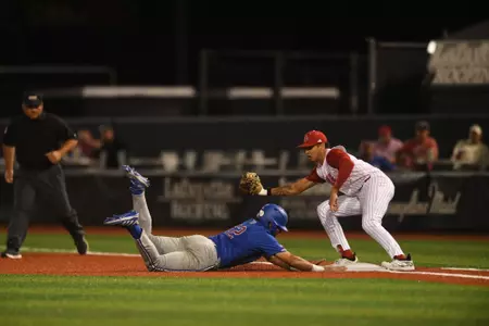 Trey LaFleur nearly doubles off a Louisiana Tech runner on Wednesday at Russo Park