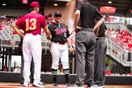 Matt Deggs Shakes hands with ULM Head Coach, Michael Federico April 6, 2024 Louisiana vs Louisiana Monroe Baseball Game 2 in Russo Park at M.L. "Tigue" Moore Field. Final Score Louisiana 9 ULM 2. Photo by Hunter Neel/Ragin’ Cajun Athletics