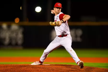 JR Tollett pitching April 10, 2024 Louisiana vs LA Tech Baseball in Russo Park at M.L. "Tigue" Moore Field. Final Score Louisiana 2 PVAM 7. Photo by Benjamin R. Massey/Ragin’ Cajun Athletics