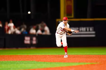 Kyle DeBarge fielding April 9, 2024 Louisiana vs Prairie View A&M Baseball in Russo Park at M.L. "Tigue" Moore Field. Final Score Louisiana 11 PVAM 2. Photo by Benjamin R. Massey/Ragin’ Cajun Athletics