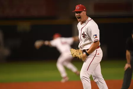LP Langevin celebrates after an inning-ending strikeout against Marshall on Friday, April 12