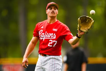 Matthew Holzhammer pitching March 24, 2024 Louisiana vs Old Dominion Game 3 Baseball in Russo Park at M.L. "Tigue" Moore Field. Final Score Louisiana 2 ODU 0. Photo by Benjamin R. Massey/Ragin Cajun Athletics