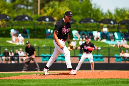 LP Langevin celebrates strikeout April 20, 2024 Louisiana @ Coastal Carolina Game 2 Baseball in Springs Brooks Stadium in Conway, SC. Final Score Louisiana 8 CCU 6. Photo by Benjamin R. Massey/Ragin’ Cajun Athletics