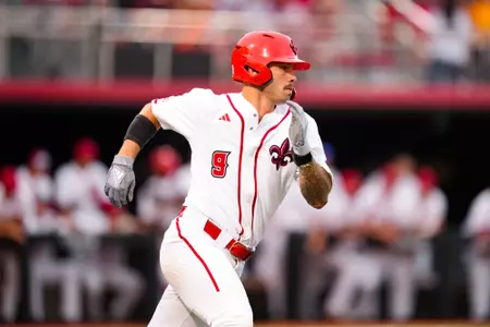 Duncan Pastore base running April 26, 2024 Louisiana vs Southern Miss Baseball Game 1 in Russo Park at M.L. "Tigue" Moore Field. Final Score Louisiana 3 USM 2. Photo by Benjamin R. Massey/Ragin’ Cajun Athletics