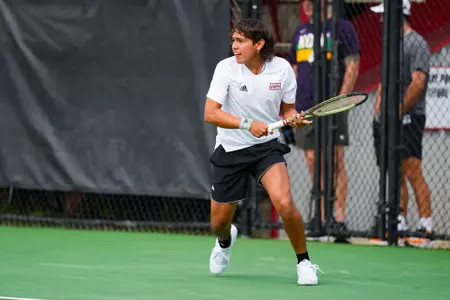 William Ribero Doubles April 14, 2024 Louisiana vs. Georgia Southern Men’s Tennis at Cajun Courts in Lafayette, LA. Final score Louisiana 1 GSU 4. Photo by Benjamin R. Massey/Ragin’ Cajun Athletics