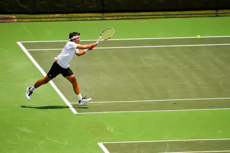 Samuel Kyjaci Singles April 14, 2024 Louisiana vs. Georgia Southern Men’s Tennis at Cajun Courts in Lafayette, LA. Final score Louisiana 1 GSU 4. Photo by Benjamin R. Massey/Ragin’ Cajun Athletics