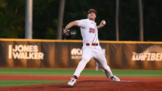 Andrew Herrmann pitches against ULM in Game 1 of a three-game series