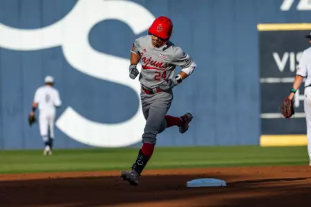 Kyle DeBarge rounds second base after his 18th home run of the season on Friday at Georgia Southern