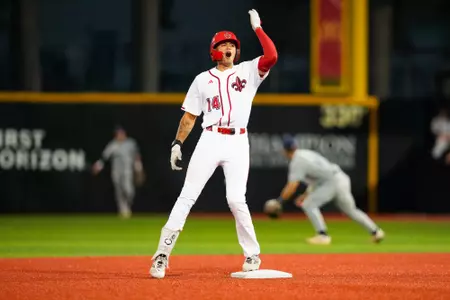 Trey LaFleur celebrates double May 16, 2024 Louisiana vs South Alabama Baseball in Russo Park at M.L. "Tigue" Moore Field. Final Score Louisiana 6 USA 5. Photo by Benjamin R. Masssey/Ragin’ Cajun Athletics