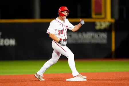 Conor Higgs celebrates double May 16, 2024 Louisiana vs South Alabama Baseball in Russo Park at M.L. "Tigue" Moore Field. Final Score Louisiana 6 USA 5. Photo by Benjamin R. Masssey/Ragin’ Cajun Athletics