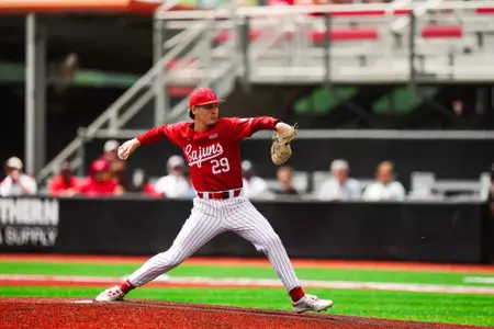 Blake McGehee pitching April 28, 2024 Louisiana vs Southern Miss Baseball Game 3 in Russo Park at M.L. "Tigue" Moore Field. Final Score Louisiana 13 USM 7. Photo by Hunter Neel/Ragin’ Cajun Athletics
