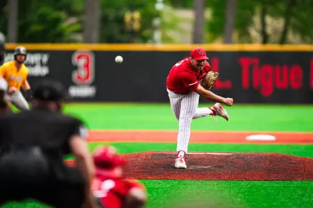 Matthew Holzhammer pitching April 28, 2024 Louisiana vs Southern Miss Baseball Game 3 in Russo Park at M.L. "Tigue" Moore Field. Final Score Louisiana 13 USM 7. Photo by Hunter Neel/Ragin’ Cajun Athletics