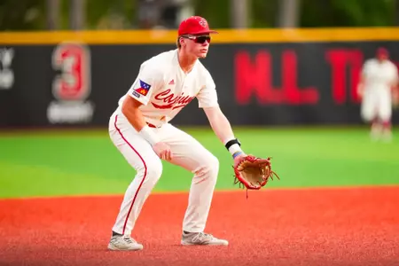 Connor Cuff fielding May 9, 2024 Louisiana vs Jackson State Baseball in Russo Park at M.L. "Tigue" Moore Field. Final Score Louisiana 5 Jackson State 0. Photo by Benjamin R. Massey/Ragin’ Cajun Athletics