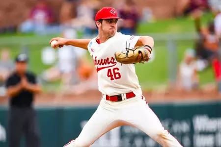 JR Tollett pitching May 31, 2024 Louisiana vs University of Texas Baseball in the NCAA Baseball Regional at Olsen Field at Blue Bell Park in College Station, Texas Final Score Louisiana 5 UT 12. Photo by Benjamin R. Massey/Ragin’ Cajun Athletics