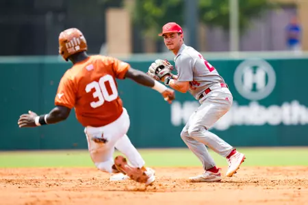 Kyle DeBarge fielding double play June 2, 2024 Louisiana vs Texas Baseball in the NCAA Baseball Regional at Olsen Field at Blue Bell Park in College Station, Texas. Final Score Louisiana 10 UT 2. Photo by Benjamin R. Massey/Ragin’ Cajun Athletics