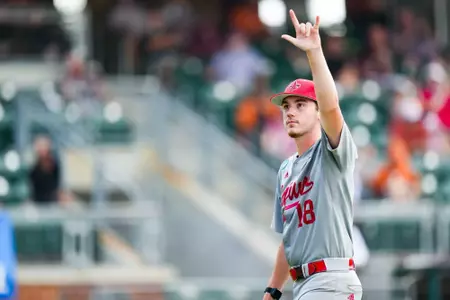Chase Morgan walks back to the dugout June 2, 2024 Louisiana vs Texas Baseball in the NCAA Baseball Regional at Olsen Field at Blue Bell Park in College Station, Texas. Final Score Louisiana 10 UT 2. Photo by Benjamin R. Massey/Ragin’ Cajun Athletics