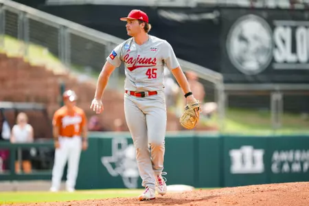 LP Langevin pitching June 2, 2024 Louisiana vs Texas Baseball in the NCAA Baseball Regional at Olsen Field at Blue Bell Park in College Station, Texas. Final Score Louisiana 10 UT 2. Photo by Benjamin R. Massey/Ragin’ Cajun Athletics