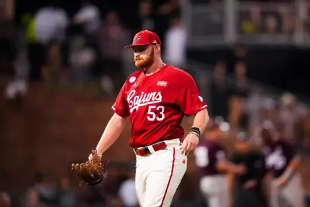 Murphy Brooks walks back to the dugout June 2, 2024 Louisiana @ Texas A&M Baseball in the NCAA Baseball Regional at Olsen Field at Blue Bell Park in College Station, Texas Final Score Louisiana 4 TAMU 9. Photo by Benjamin R. Massey/Ragin’ Cajun Athletics