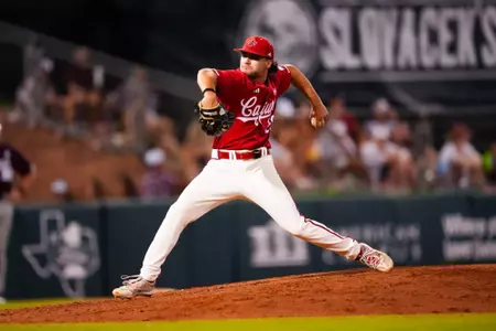 Maddox Mandino pitching June 2, 2024 Louisiana @ Texas A&M Baseball in the NCAA Baseball Regional at Olsen Field at Blue Bell Park in College Station, Texas Final Score Louisiana 4 TAMU 9. Photo by Benjamin R. Massey/Ragin’ Cajun Athletics