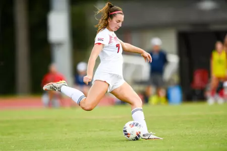Adeline Nemeth shoots August 25, 2024 Louisiana Women's Soccer vs Florida Atlantic in Lafayette, LA at Home Bank Track and Soccer Complex. Final Score Louisiana 0 FAU 0. Photo by Benjamin R. Massey/Ragin’ Cajun Athletics
