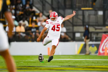 Kenneth Almendares kickoff September 7, 2024 Louisiana @ Kennesaw State Football in Kennesaw, GA at Fifth Third Stadium. Final score Louisiana 34 Kennesaw State 10. Photo by Benjamin R. Massey/Ragin’ Cajun Athletics