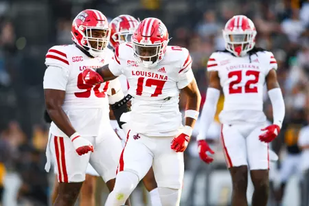 Ashley Williams Jr. celebrates September 7, 2024 Louisiana @ Kennesaw State Football in Kennesaw, GA at Fifth Third Stadium. Final score Louisiana 34 Kennesaw State 10. Photo by Benjamin R. Massey/Ragin’ Cajun Athletics