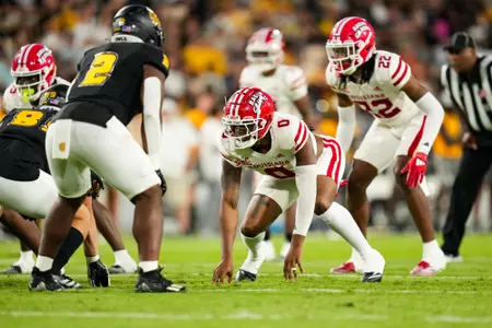 Jordan Lawson pre snap September 7, 2024 Louisiana @ Kennesaw State Football in Kennesaw, GA at Fifth Third Stadium. Final score Louisiana 34 Kennesaw State 10. Photo by Benjamin R. Massey/Ragin’ Cajun Athletics