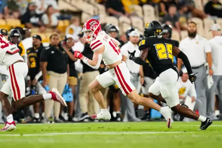 Dale Martin after the catch September 7, 2024 Louisiana @ Kennesaw State Football in Kennesaw, GA at Fifth Third Stadium. Final score Louisiana 34 Kennesaw State 10. Photo by Benjamin R. Massey/Ragin’ Cajun Athletics